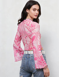 Ladies Print Flare Sleeves Mesh Top