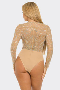 Rhinestone Mesh Long Sleeve Bodysuit