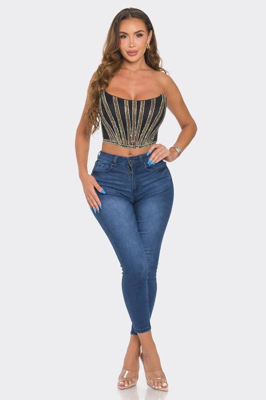 Multi Colored Rhinestone Strapless Tube Top