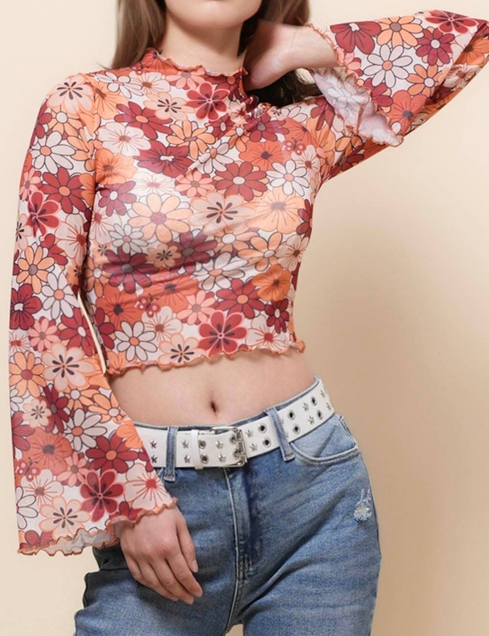 Ladies Print Flare Sleeves Mesh Top