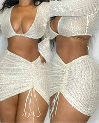 Sleeves crop top drawstring ruched skirt set