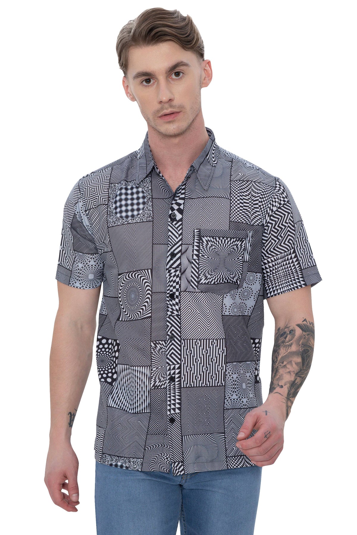 Mens Psy Shirts Black Tropical optical illusion white