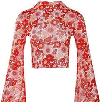 Ladies Print Flare Sleeves Mesh Top