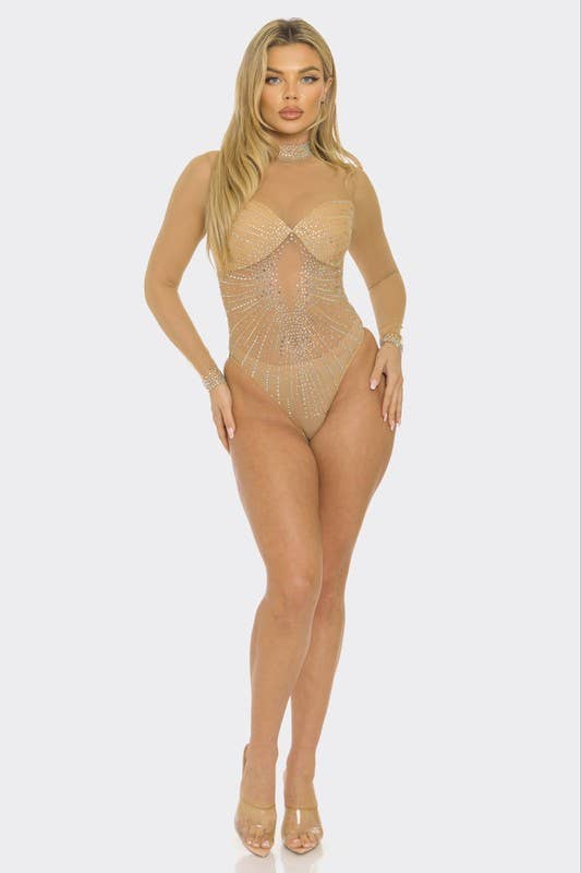 Green Rhinestone Mesh Bodysuit