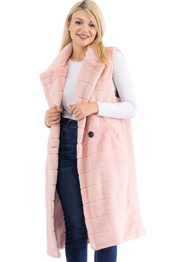 Quilted Fluffy Faux Fur Pocketed Midi-Length Vest