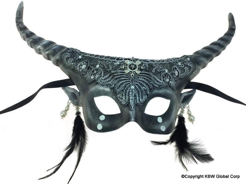 Silver Horned Steampunk Style Feather Mask