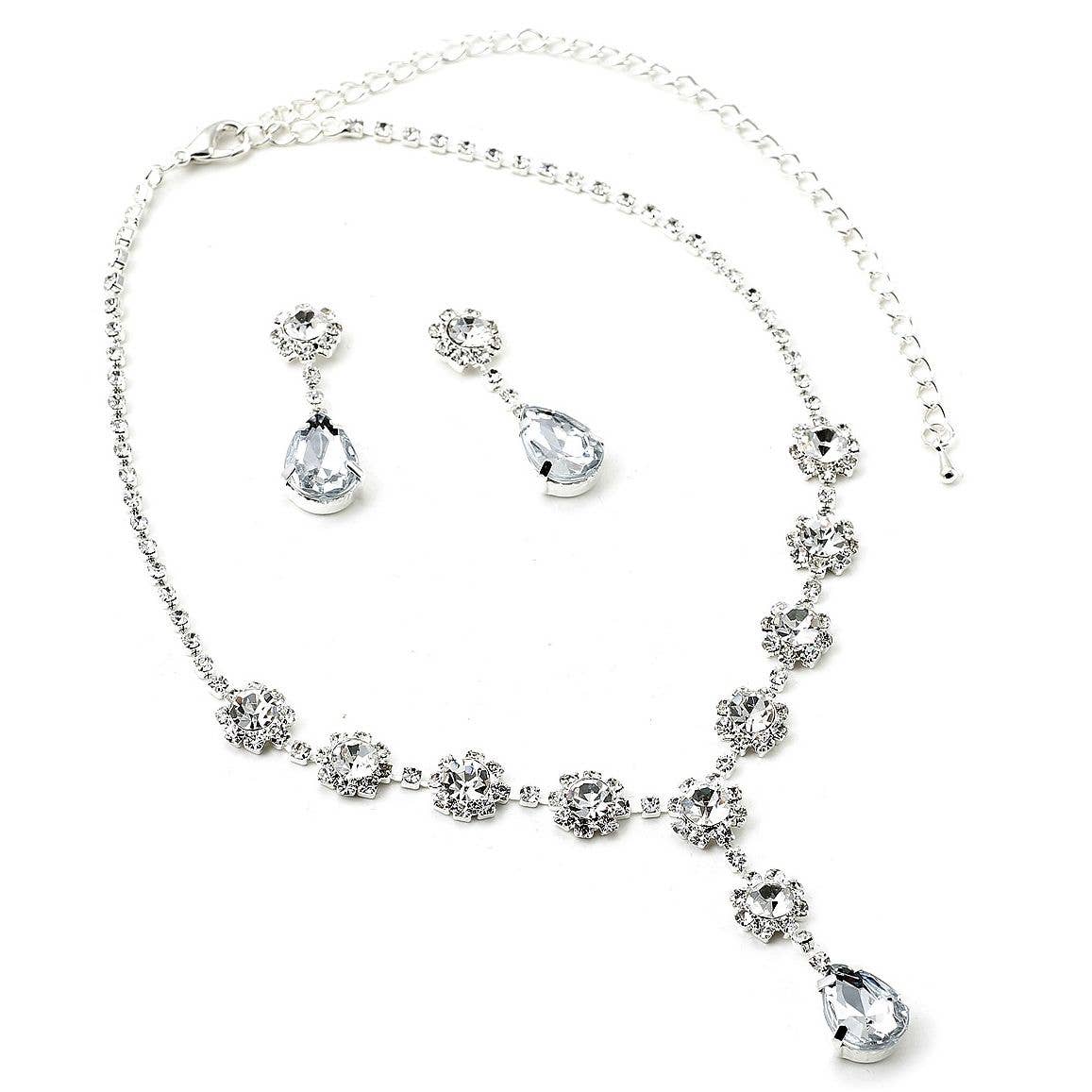 Bridal Wedding Y Shape Teardrop Dangle Necklace Earrings