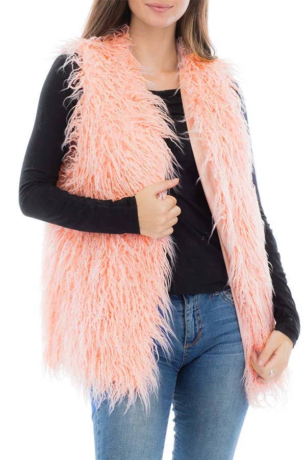 Shaggy Faux Fur Vest With Hook And Pockets