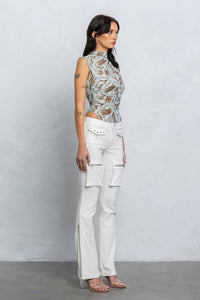 Printed mesh mock-neck sleeveless bodysuit