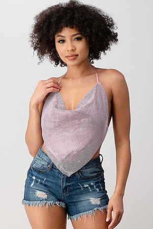 Metallic Rhinestone Backless Cowl Neck Crop Top