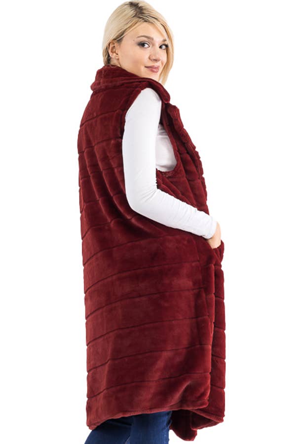 Quilted Fluffy Faux Fur Pocketed Midi-Length Vest