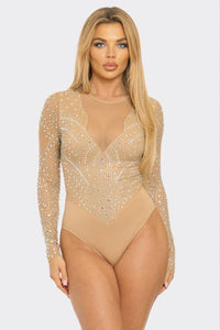 Rhinestone Mesh Long Sleeve Bodysuit