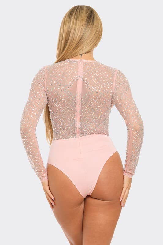 Rhinestone Mesh Long Sleeve Bodysuit