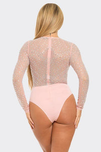 Rhinestone Mesh Long Sleeve Bodysuit