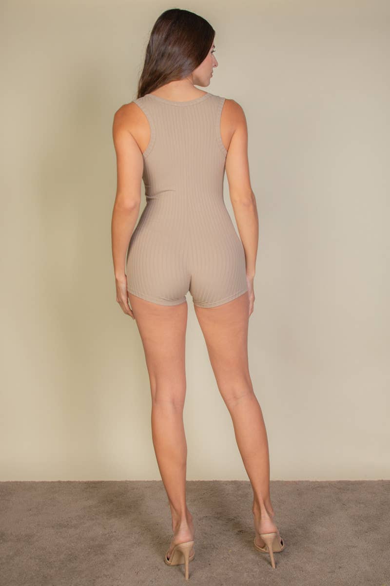 Solid Ribbed Slit Neckline Sleeveless Romper