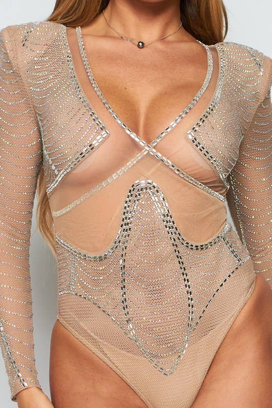 Rhinestone Fishnet Long Sleeve Bodysuit