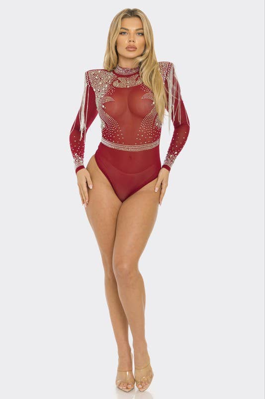 Rhinestone Sheer Mesh Bodysuit