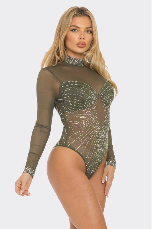 Green Rhinestone Mesh Bodysuit
