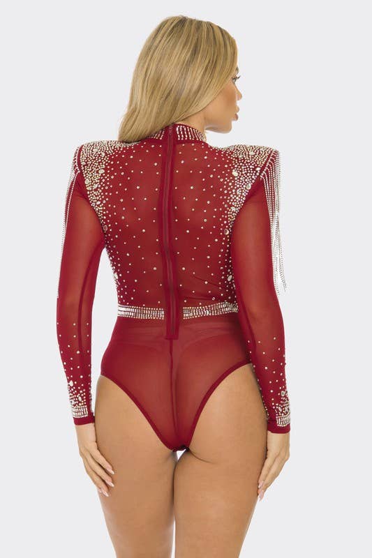 Rhinestone Sheer Mesh Bodysuit