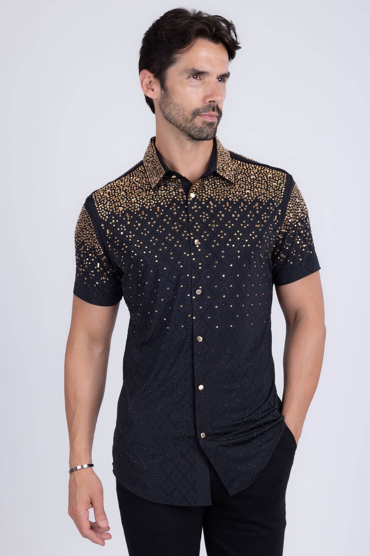 Men's Rhinestone Stretch Short Sleeve Shirt