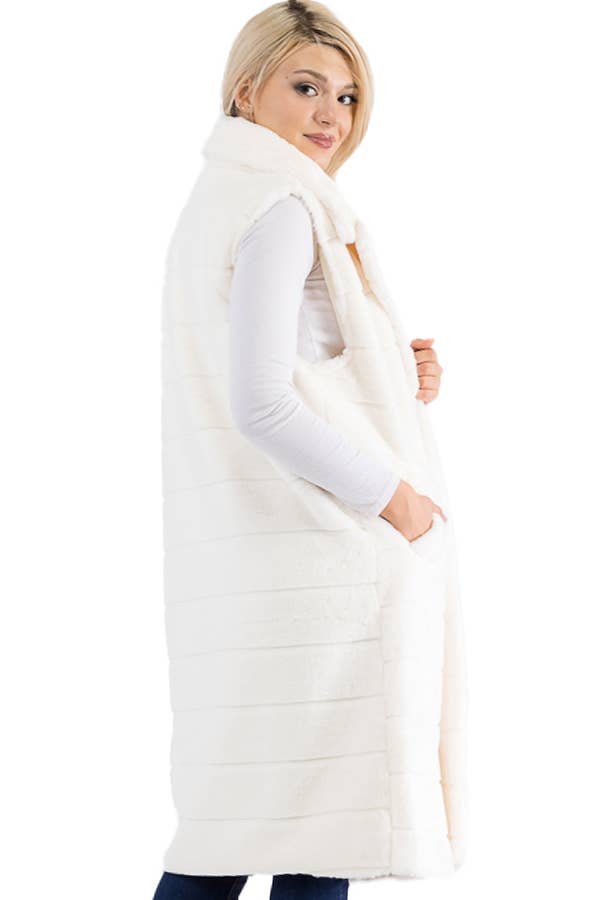 Quilted Fluffy Faux Fur Pocketed Midi-Length Vest