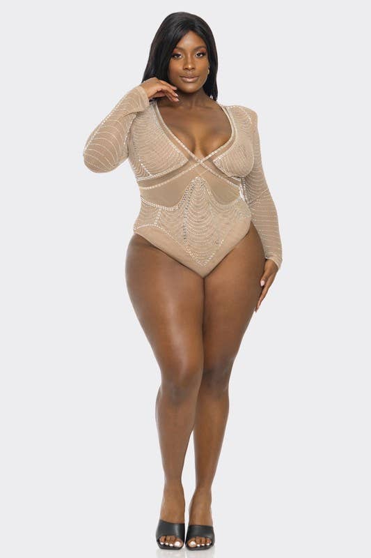 Plus Size  Rhinestone Fishnet Bodysuit