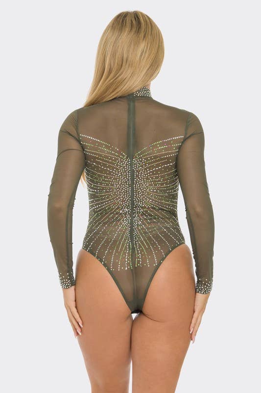 Green Rhinestone Mesh Bodysuit