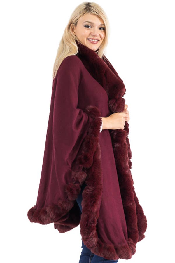 Ruffle Twisted Bubble Teddy Faux Fur Lined Open Ruana Poncho