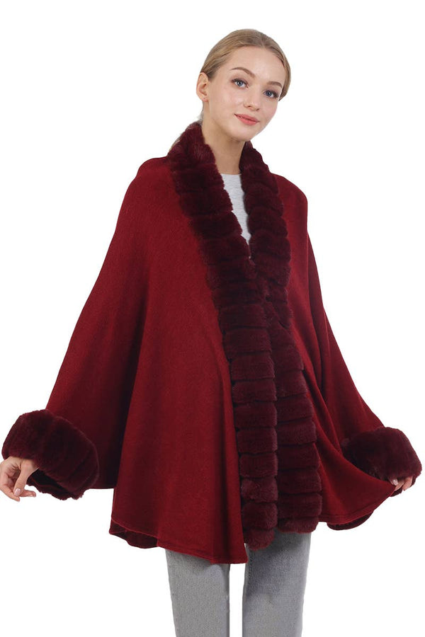 Bubble Faux Fur Trim Slit-Sided Shawl Cape Poncho