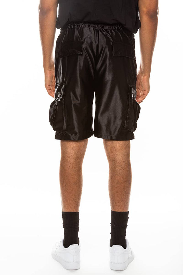 Mens Satin Cargo Utility Shorts with Snap Button Pockets