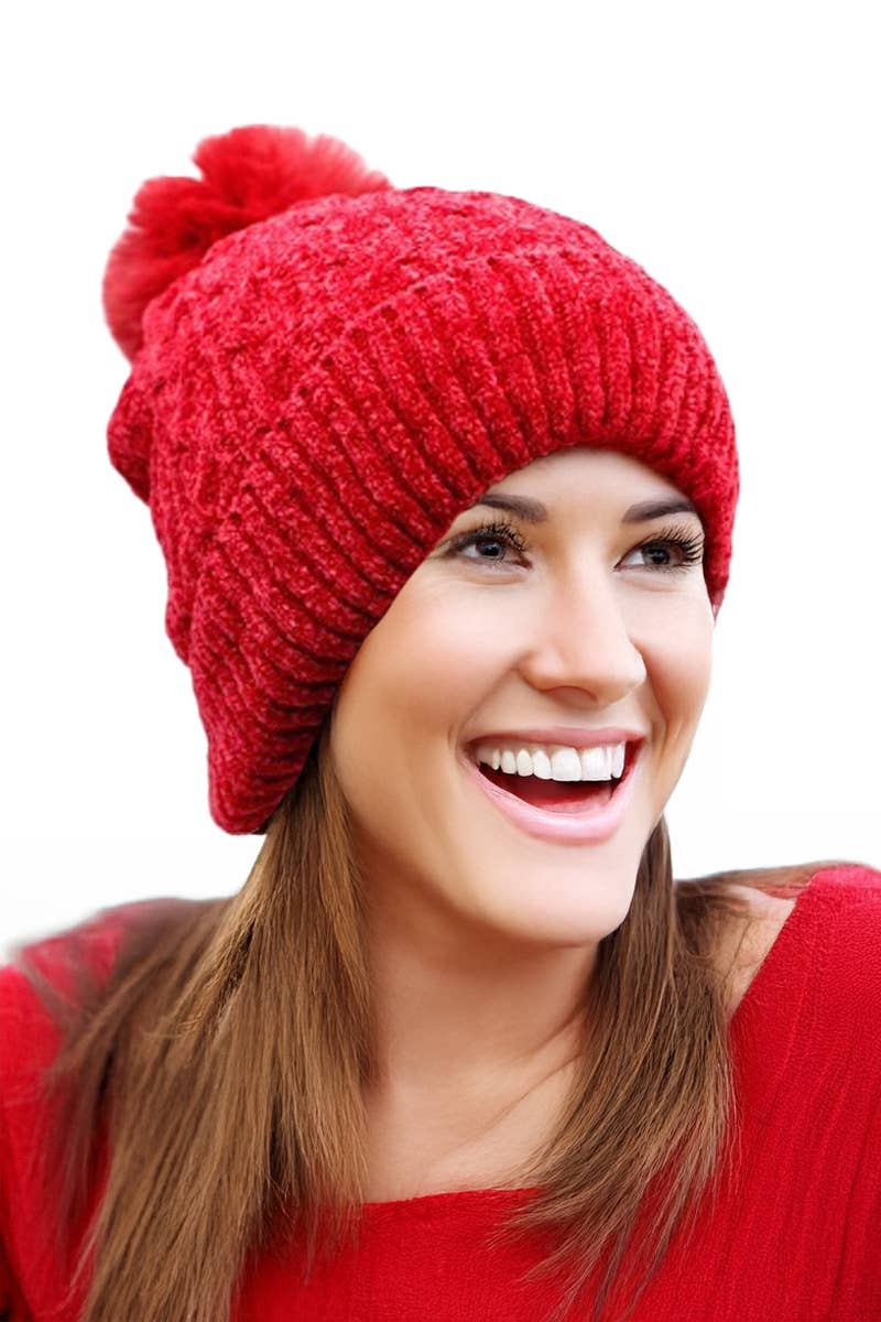 Cable Knitted Velvety Chenille Fleece Lined Beanie
