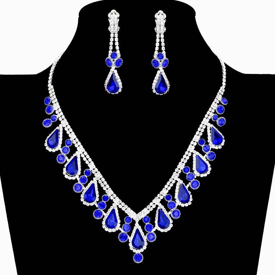 V Shape Elegant Rhinestone Necklace Set Clipon Earrings