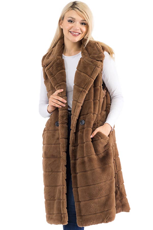 Quilted Fluffy Faux Fur Pocketed Midi-Length Vest