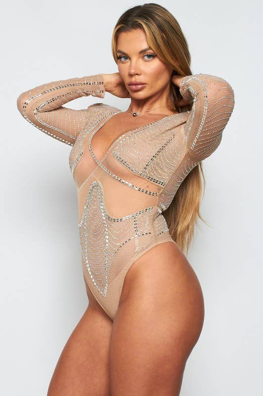 Rhinestone Fishnet Long Sleeve Bodysuit