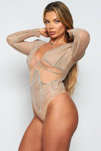 Rhinestone Fishnet Long Sleeve Bodysuit