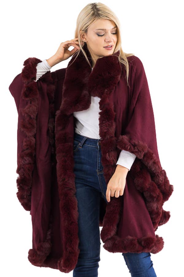 Ruffle Twisted Bubble Teddy Faux Fur Lined Open Ruana Poncho