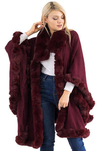 Ruffle Twisted Bubble Teddy Faux Fur Lined Open Ruana Poncho
