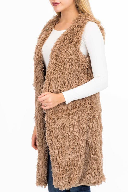 Glossy Faux Fur Long Vest