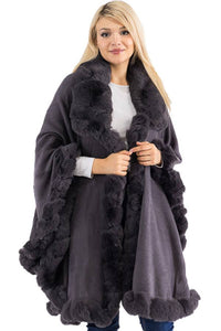 Ruffle Twisted Bubble Teddy Faux Fur Lined Open Ruana Poncho