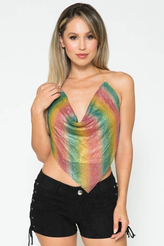 Sexy Rainbow Rhinestone Halter Top