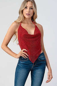 Metallic Rhinestone Backless Cowl Neck Crop Top