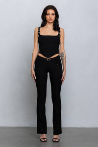 Buckle strap detail stretchy woven pants