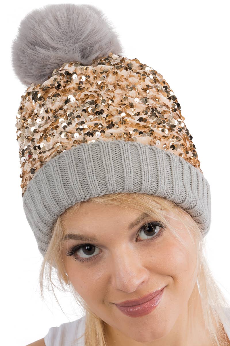 Bedazzled Metallic Sequins Knitted Pom Pom Beanie