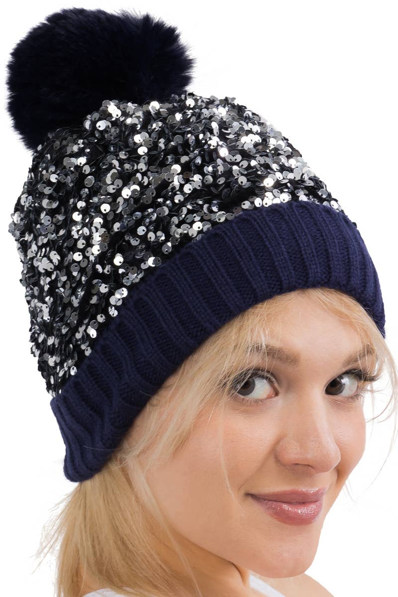 Bedazzled Metallic Sequins Knitted Pom Pom Beanie