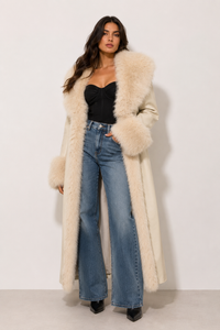 Long Faux Leather & Fur Trim Coat