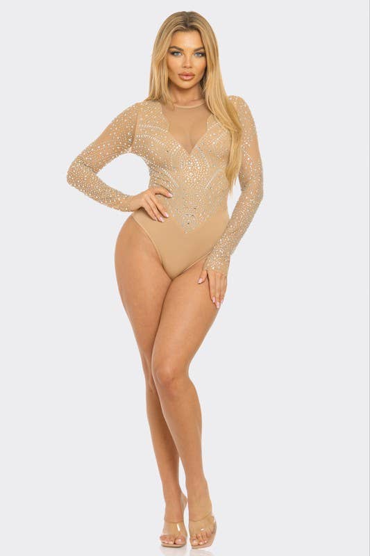 Rhinestone Mesh Long Sleeve Bodysuit