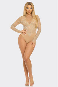 Rhinestone Mesh Long Sleeve Bodysuit