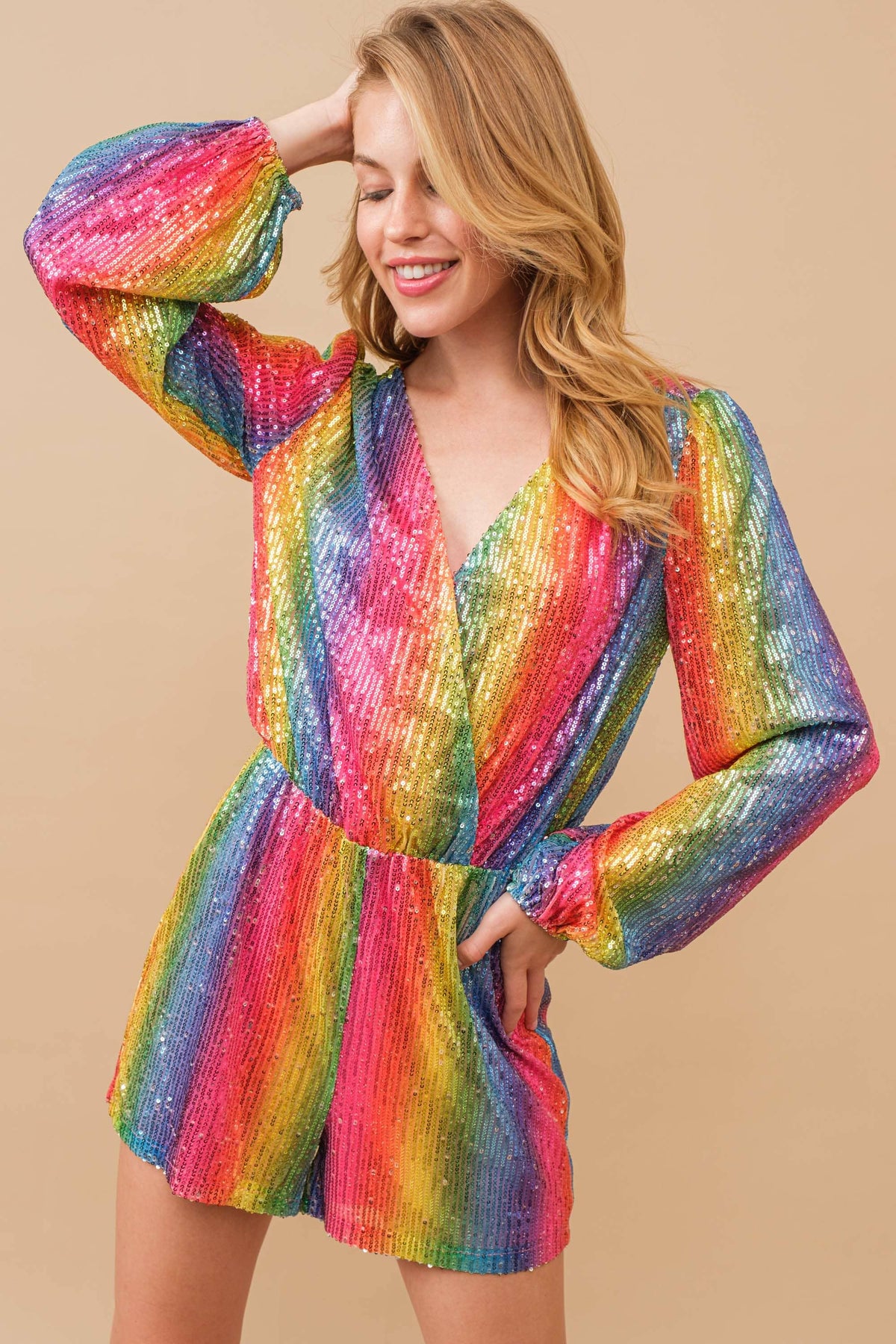 Sequin Wrap Long Rainbow Romper