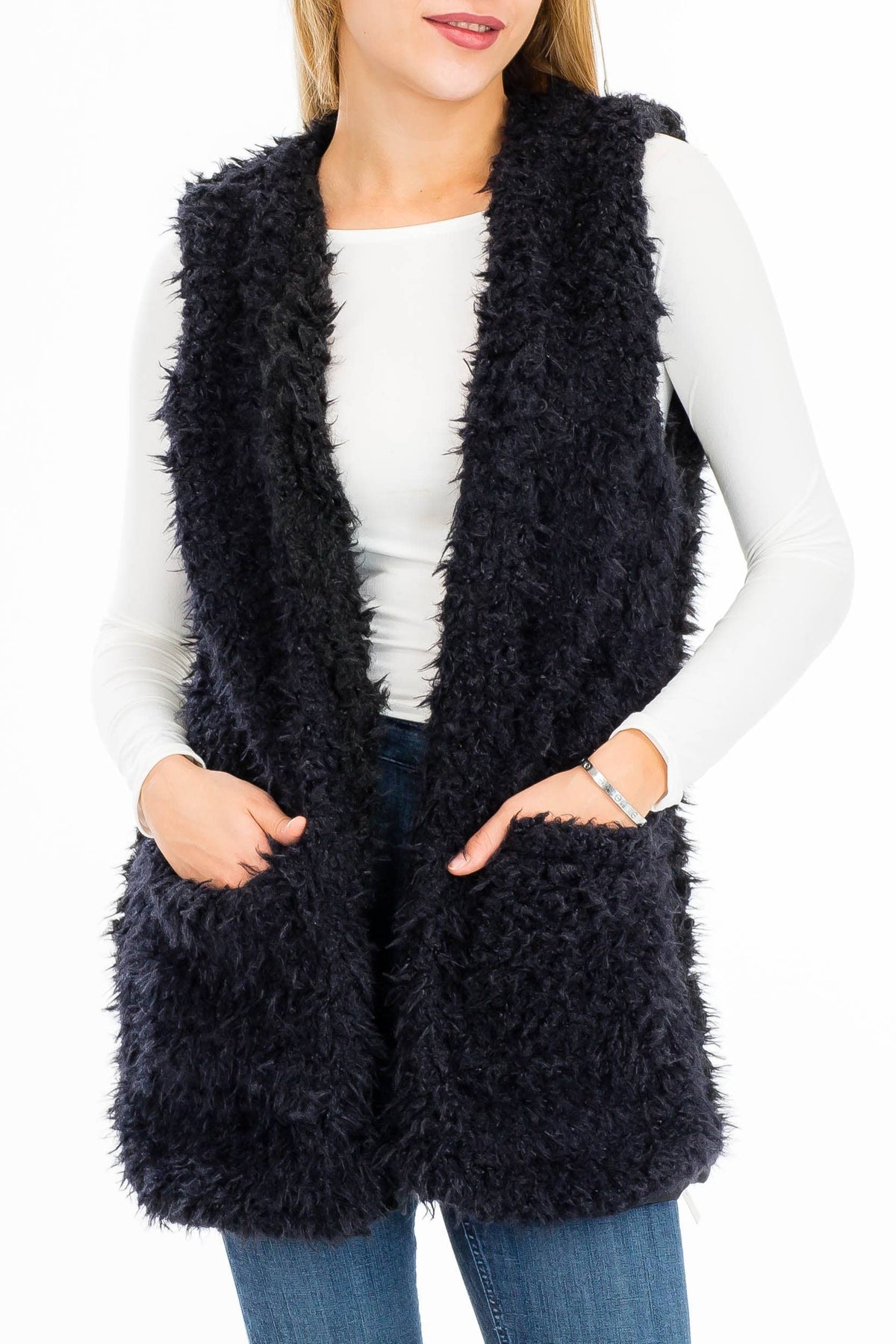 Extra Soft Brushed Faux Fur Long Vest with Pockets
