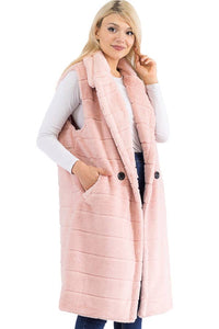 Quilted Fluffy Faux Fur Pocketed Midi-Length Vest